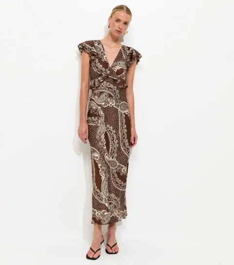 Brown Satin Paisley Ruffled Trim Midi Dress