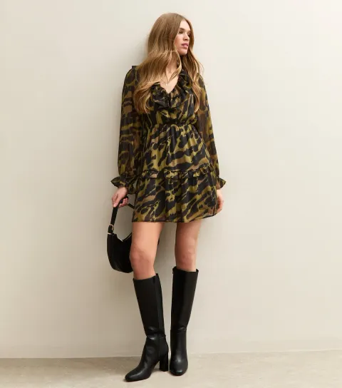 Khaki Animal Print Chiffon Ruffle Mini Dress