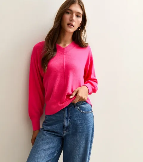 Bright Pink V-Neck Jumper