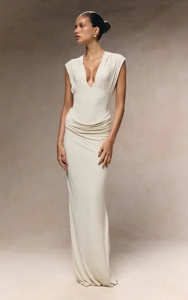 Cream Double Layer Plunge Ruched Shoulder Drape Waist Maxi Dress