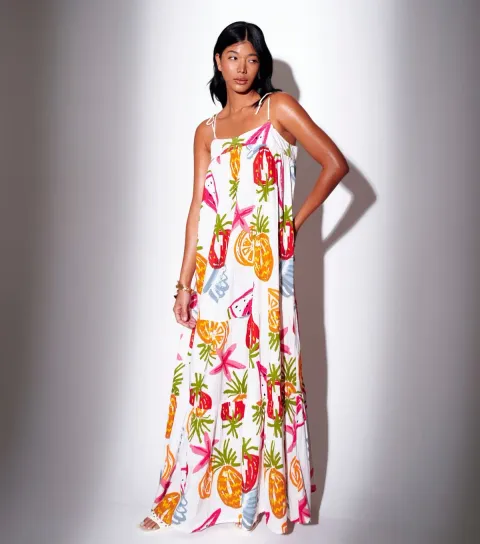 Multicoloured Fruit Print Strappy Maxi Dress
