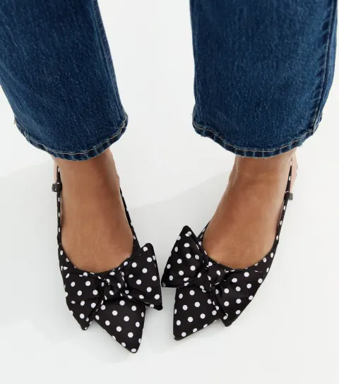 Black Polka Dot Satin Bow Embellished Slingback Flats Vegan