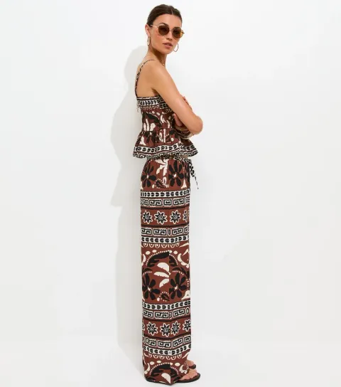 Brown Palm Tree Print Wide Leg Trousers