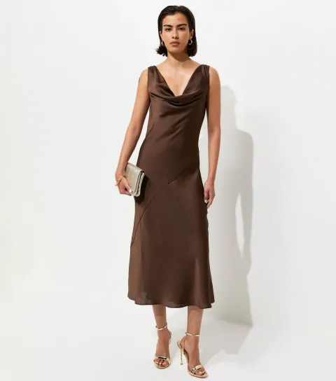Dark Brown Satin Cowl Neck Sleeveless Maxi Dress