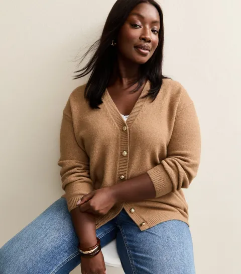 Plus Size Camel V-Neck Boyfriend Cardigan Curves
