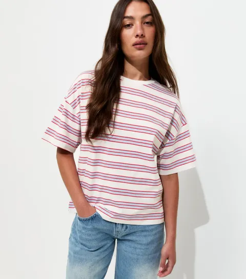 White Cotton Striped Oversized Boxy T-Shirt