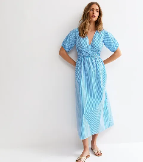 Blue Striped Ruched Detail Midi Dress