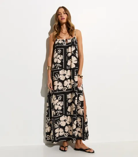 Black Floral Print Beaded Maxi Beach Dress