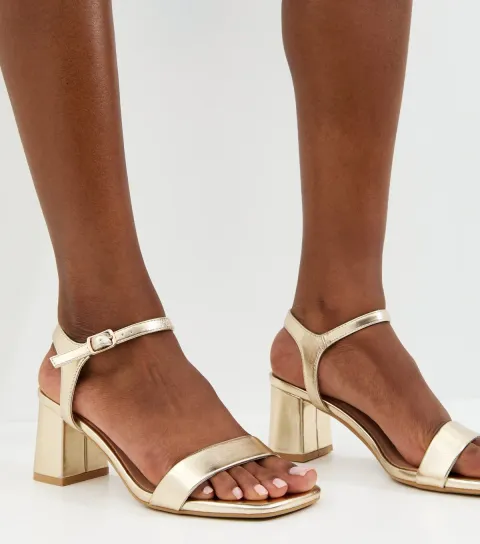 Gold Faux Leather Square Toe Block Heel Sandals Vegan