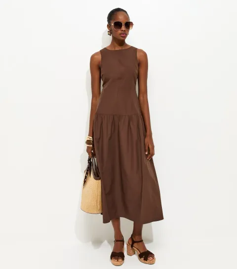 Brown Dropped Waist Midi Dress