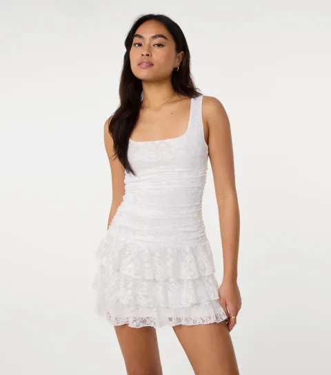 Off White Lace Ruffle Mini Dress
