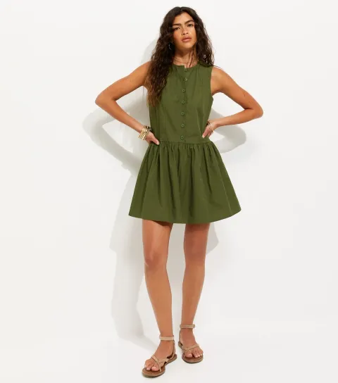 Khaki Cotton Drop Waist Sleeveless Mini Dress