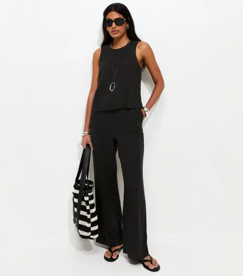 Black Linen Blend Wide Leg Trousers