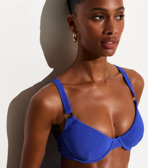 Blue Crinkle Textured O-Ring Underwire Bikini Top