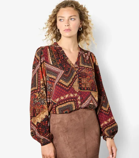 Burgundy Patchwork Ruffle Blouse