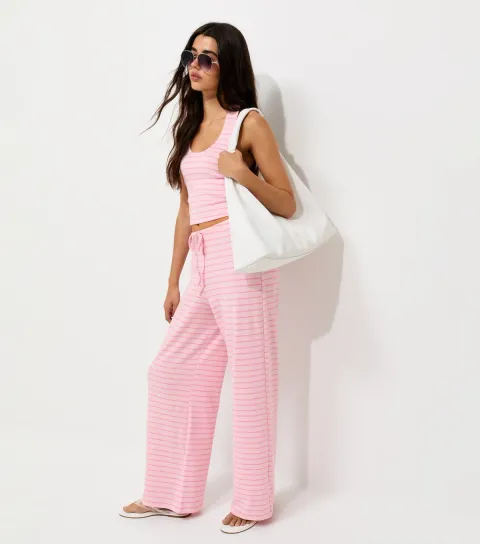 Pink Cotton Rich Striped Wide Leg Trousers