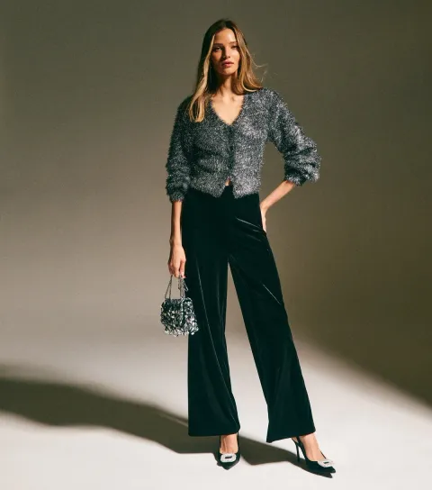 Dark Grey Sparkle Knit V-Neck Cardigan