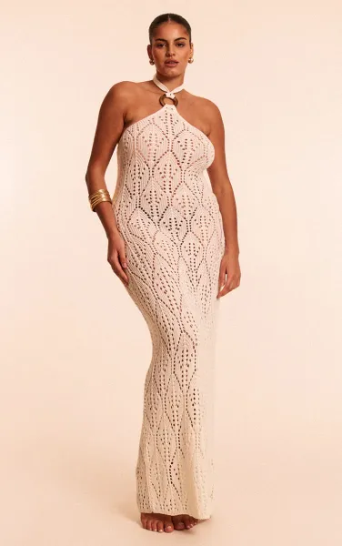 Plus Cream Crochet Maxi Halter Neck Beach Dress