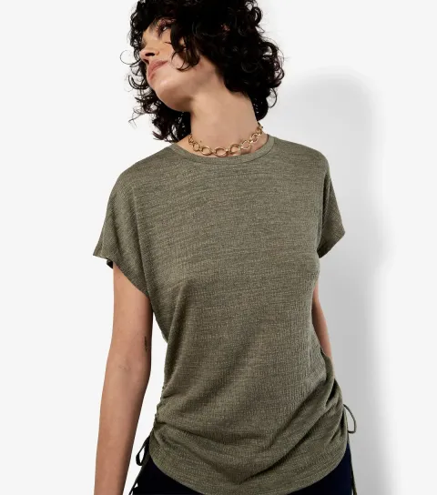 Dark Khaki Textured Ruched Seam T-Shirt