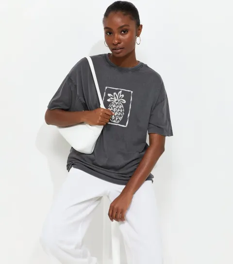 Dark Grey Cotton Pineapple Acid Wash Oversized T-Shirt