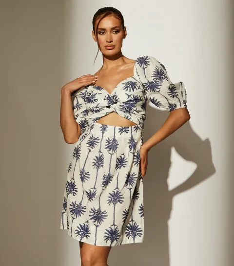 Blue Palm Tree Print Puff Sleeve Mini Dress