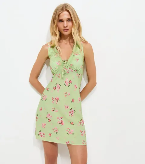 Green Floral Lace Trim Sleeveless Mini Dress