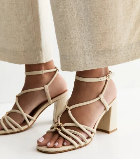Off White Faux Leather Strappy Hardware Block Heel Sandals Vegan