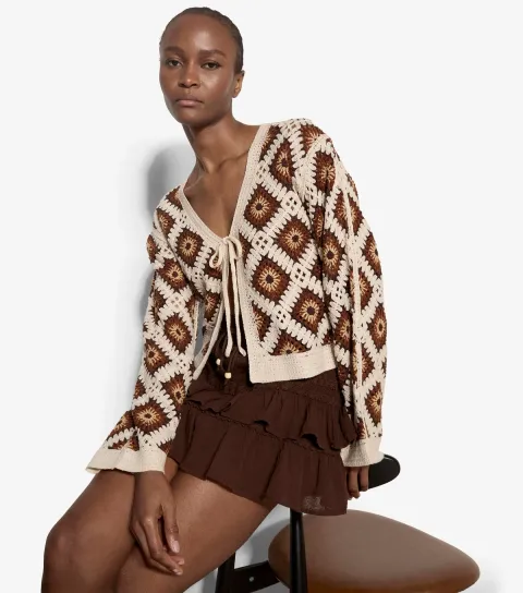 Brown Patchwork Tie Front Cardigan