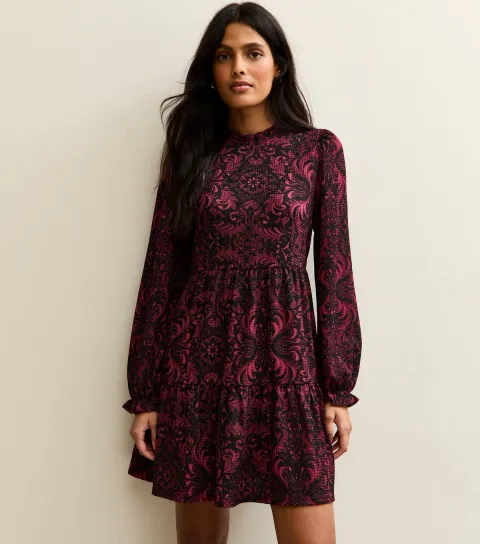 Red Crinkle Texture Floral Pattern Smock Mini Dress