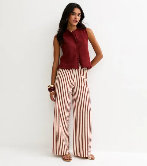 Red Striped Seersucker Wide Leg Trousers