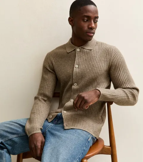 Cream Regular Ribbed Polo Cardigan