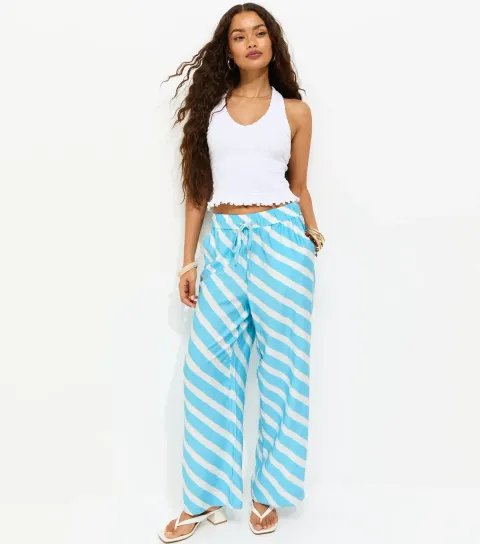 Petite Blue Diagonal Stripe Wide Leg Trousers