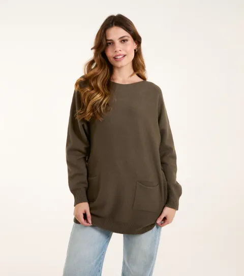 Khaki Side Button Oversized Jumper