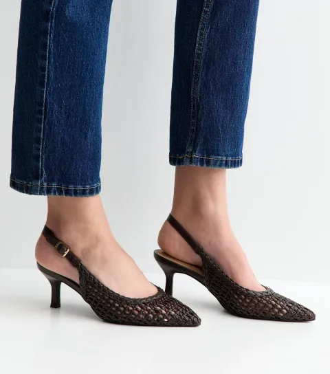 Dark Brown Faux Leather Woven Slingback Pumps Vegan
