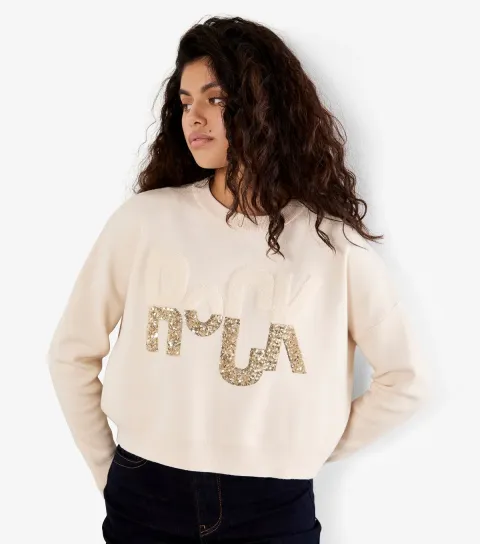 Cream Rock Slogan Cropped Jumper