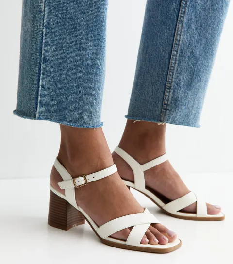 White Faux Leather Block Heel Sandals Vegan