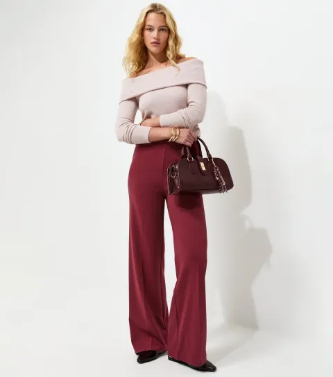Tall Dark Burgundy Jersey Wide Leg Trousers