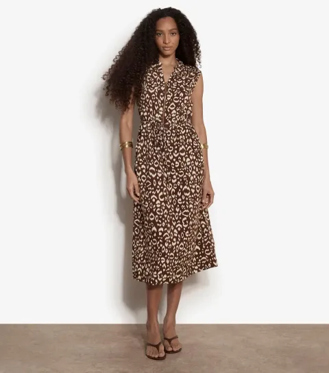Brown Animal Print Zip Midi Dress