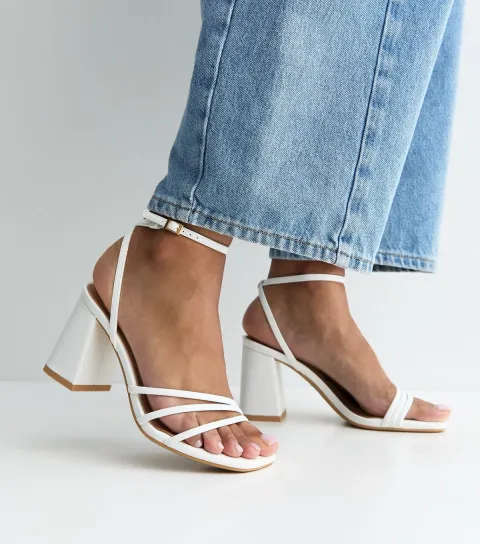 White Faux Leather Asymmetric Strap Block Heel Sandals Vegan