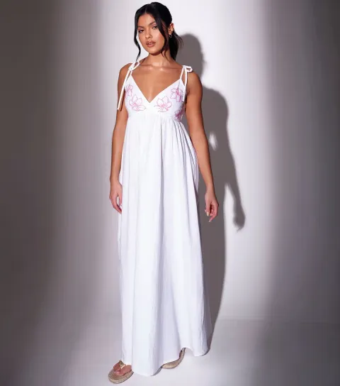White Flower Embroidered Maxi Dress