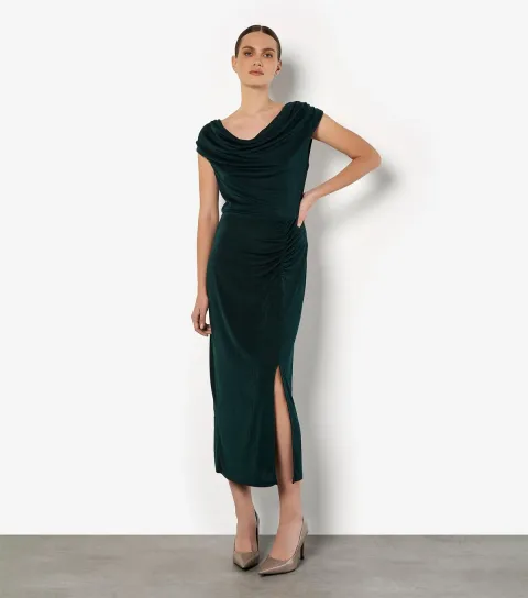 Dark Green Shiny Ruched Cowl Neck Midi Dress