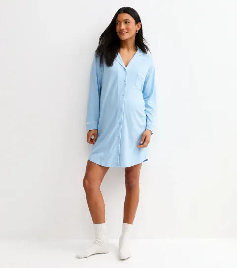 Maternity Light Blue Revere Collar Night Dress