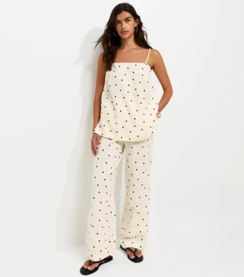 White Linen Rich Spot Print Wide Leg Trousers