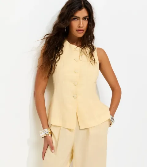 Light Yellow Linen Rich Button Through Peplum Waistcoat