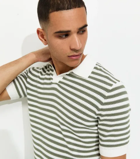 Green Striped Knitted Polo Shirt