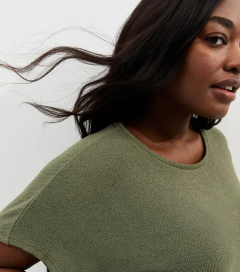 Plus Size Light Khaki Slouchy Textured T-Shirt Curves
