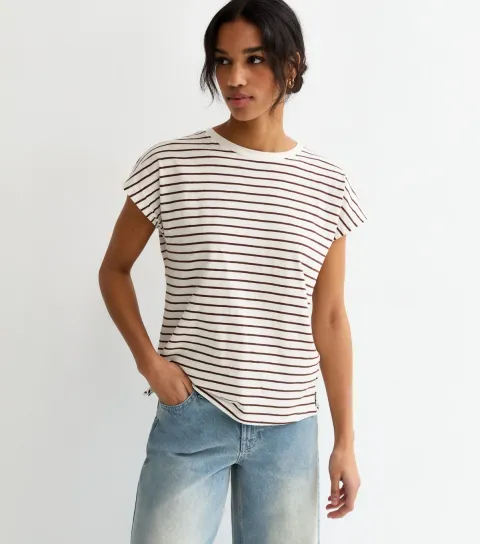 Brown Cotton Striped Grown On Sleeve T-Shirt