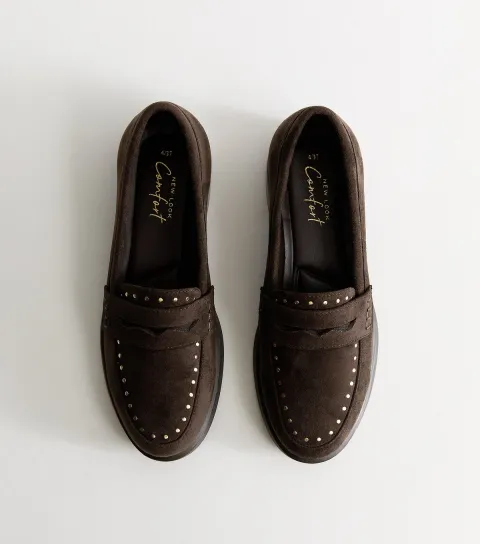 Dark Brown Faux Suede Studded Loafers Vegan