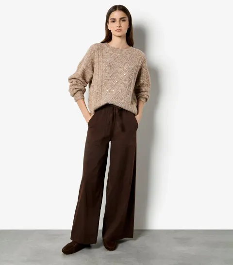 Brown Cable Knit Sequin Embellished Jumper