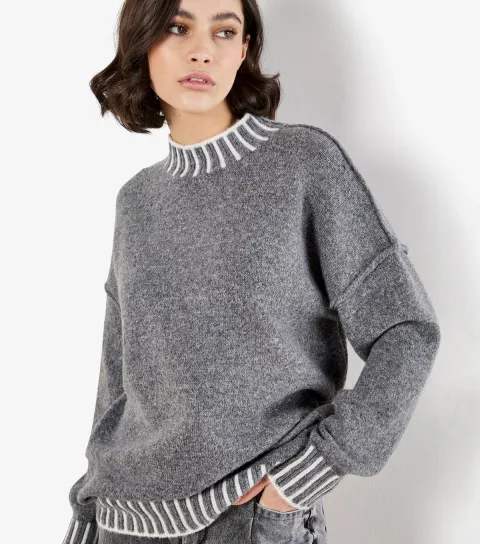 Dark Grey Contrast Rib Jumper